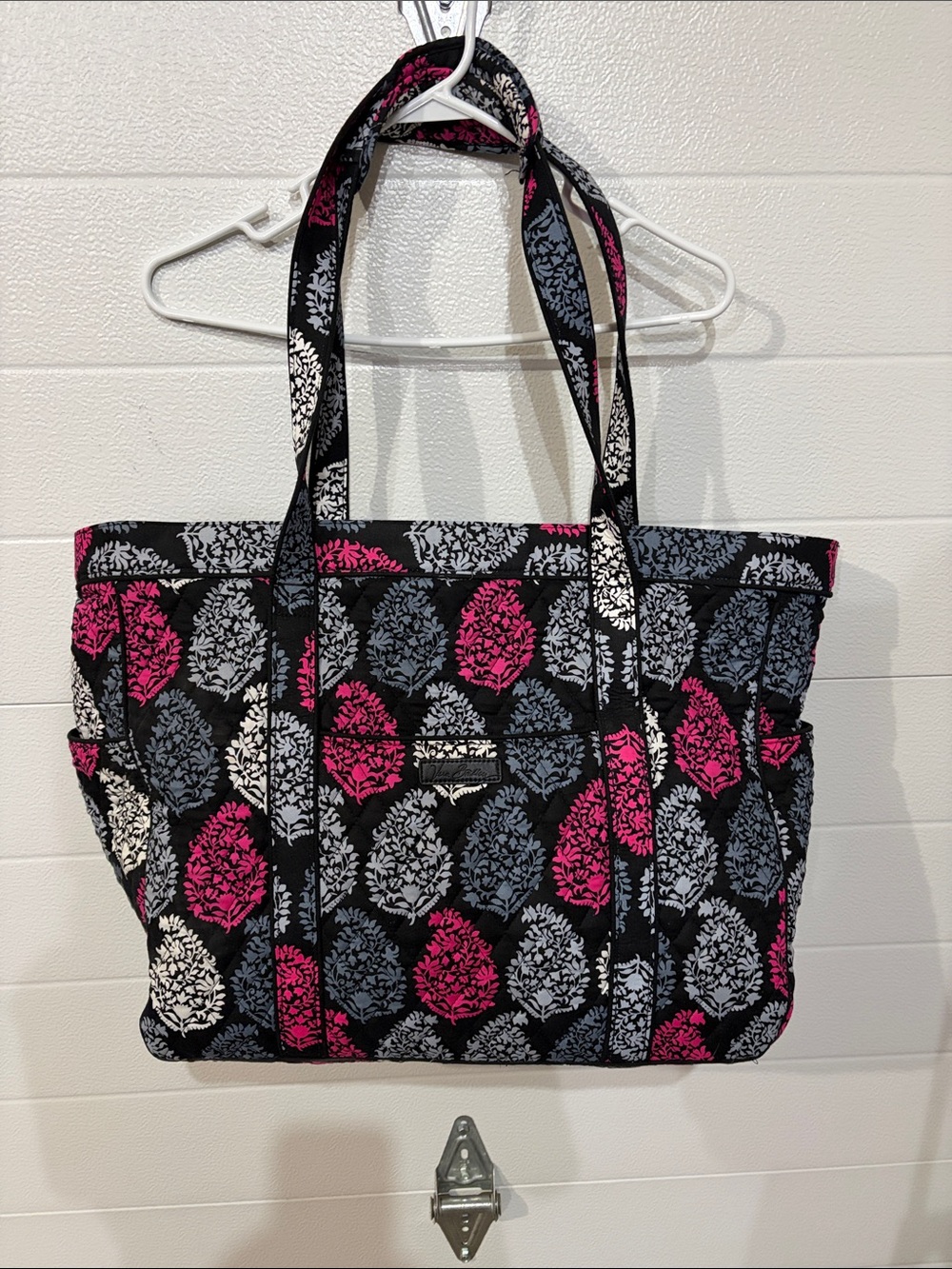 Vera Bradley Black Tote with Pink, Gray & White Floral Motif